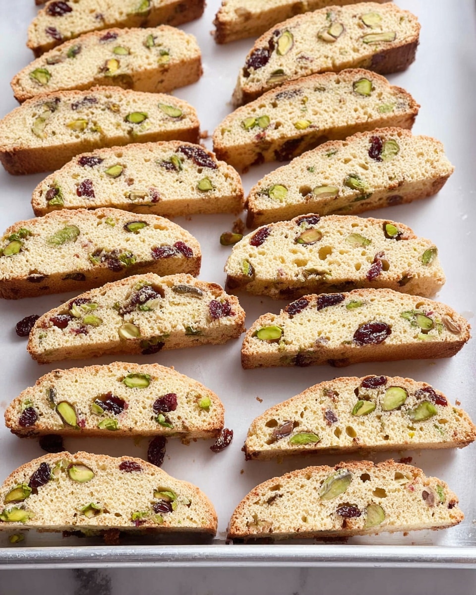 The image shows a silver baking tray on a white marbled surface, filled with three neat rows of biscotti slices. Each biscotti slice is light golden brown with a rough texture, studded with green pistachios and dark red dried cranberries scattered inside. The slices are arranged flat, angled slightly to the right, showing their curved tops and porous crumb inside. The background is softly lit, highlighting the crispness and dry texture of the biscotti. Photo taken with an iphone --ar 4:5 --v 7