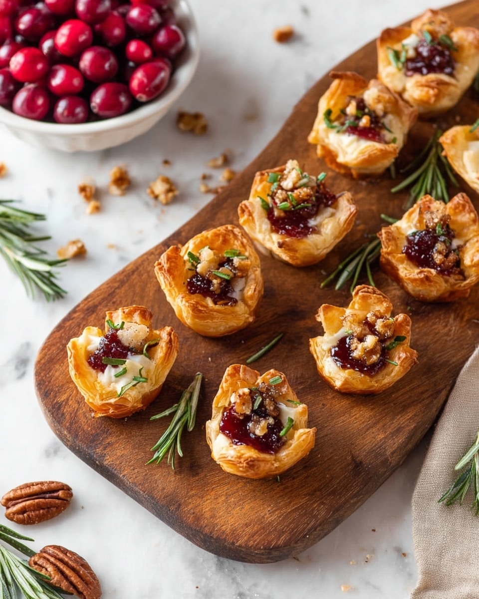A wooden board holds eleven small puff pastry cups, each with three visible layers: a golden brown and flaky base, topped with a layer of melted white cheese, a dollop of red jam in the center, and small chopped nuts scattered on top. Each cup is garnished with a small green rosemary sprig, adding touch of green to the warm tones. The board rests on a white marbled surface, with a few pecan halves, rosemary sprigs, and scattered crumbs nearby. In the top left corner, a white bowl filled with bright red cranberries peeks into the frame. photo taken with an iphone --ar 4:5 --v 7