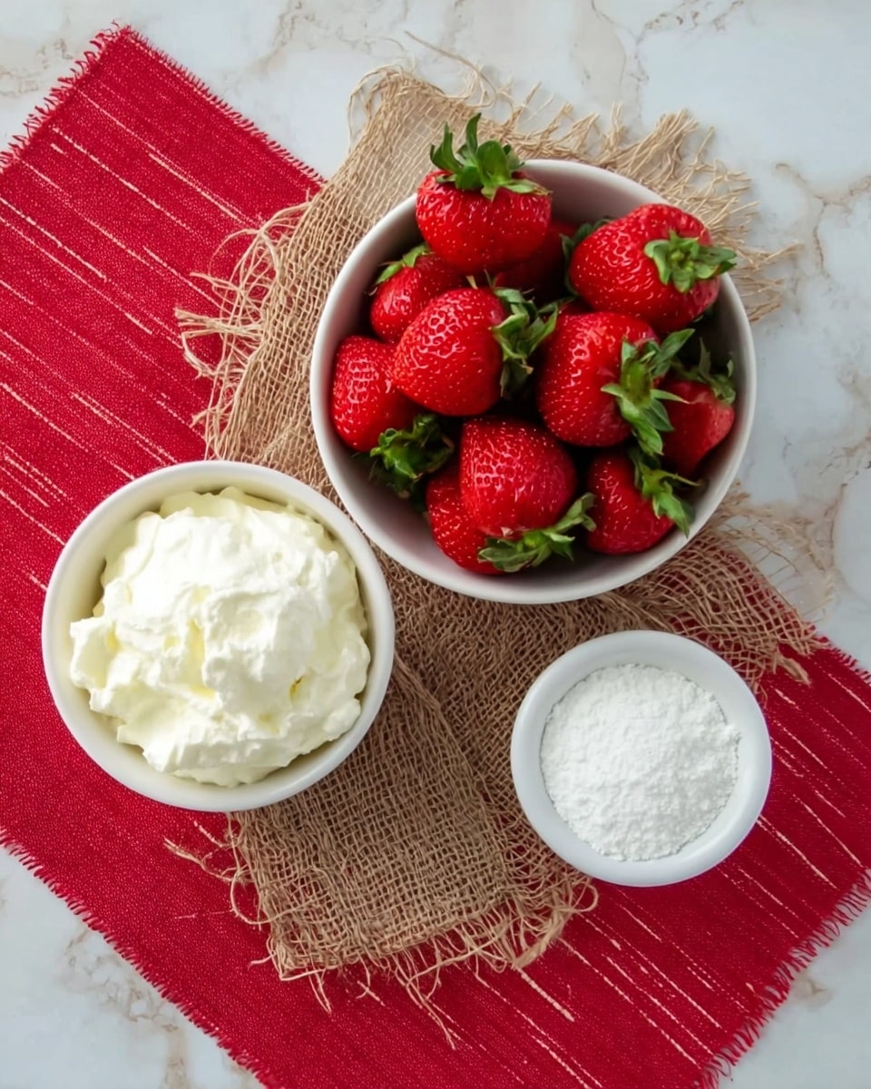 The image shows three white bowls on a white marbled surface with a red cloth beneath them. One bowl is filled with bright red strawberries with green leaves on top, showcasing their fresh, smooth texture. Another bowl contains a creamy white mixture, soft and slightly lumpy in texture. The smallest bowl holds a fine white powder, smooth and even. The bowls are placed on top of a piece of loosely woven burlap fabric, adding a rough texture contrast to the soft and smooth items. photo taken with an iphone --ar 4:5 --v 7