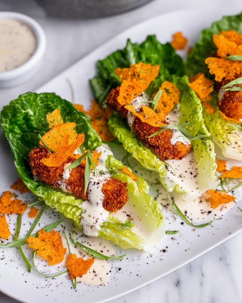 Three long green romaine lettuce leaves serve as the base laid side by side on a white plate. Each lettuce leaf holds a crispy golden-brown breaded strip topped with irregular-shaped orange crispy cheese pieces with holes. Creamy white dressing is drizzled unevenly over the breaded strips and crispy cheese in all three leaves. The plate is placed on a white marbled surface with a white bowl of the same creamy dressing and a spoon dripping the sauce nearby. A white and gray striped cloth is partially visible under the plate. Photo taken with an iphone --ar 4:5 --v 7