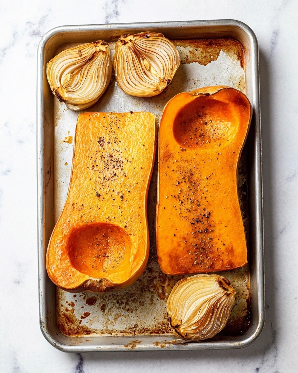 The image shows a silver baking tray on a white marbled surface with two large, roasted butternut squash halves placed horizontally near the bottom. The squash has a rich orange color with black pepper sprinkled on top and a smooth, slightly textured surface where the seeds have been removed, leaving small hollowed areas. At the top of the tray, two golden-brown roasted onion halves are positioned side by side, showing visible layers and a glossy, slightly caramelized texture. The tray has some browned spots from roasting around the vegetables. Photo taken with an iphone --ar 4:5 --v 7