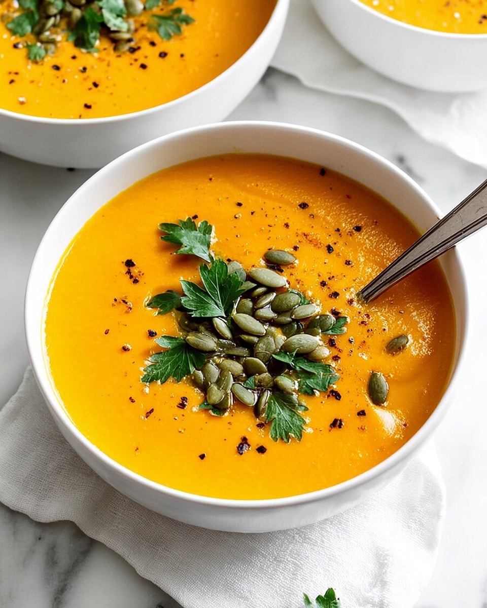A smooth, thick orange soup fills a white bowl, topped in the center with a small pile of green pumpkin seeds and bright, fresh parsley leaves, scattered with small specks of black pepper. A silver spoon rests on the right edge of the bowl, slightly submerged in the soup. The bowl sits on a white marbled surface with a white cloth nearby, and parts of two more identical soup bowls are visible at the edges of the image. photo taken with an iphone --ar 4:5 --v 7