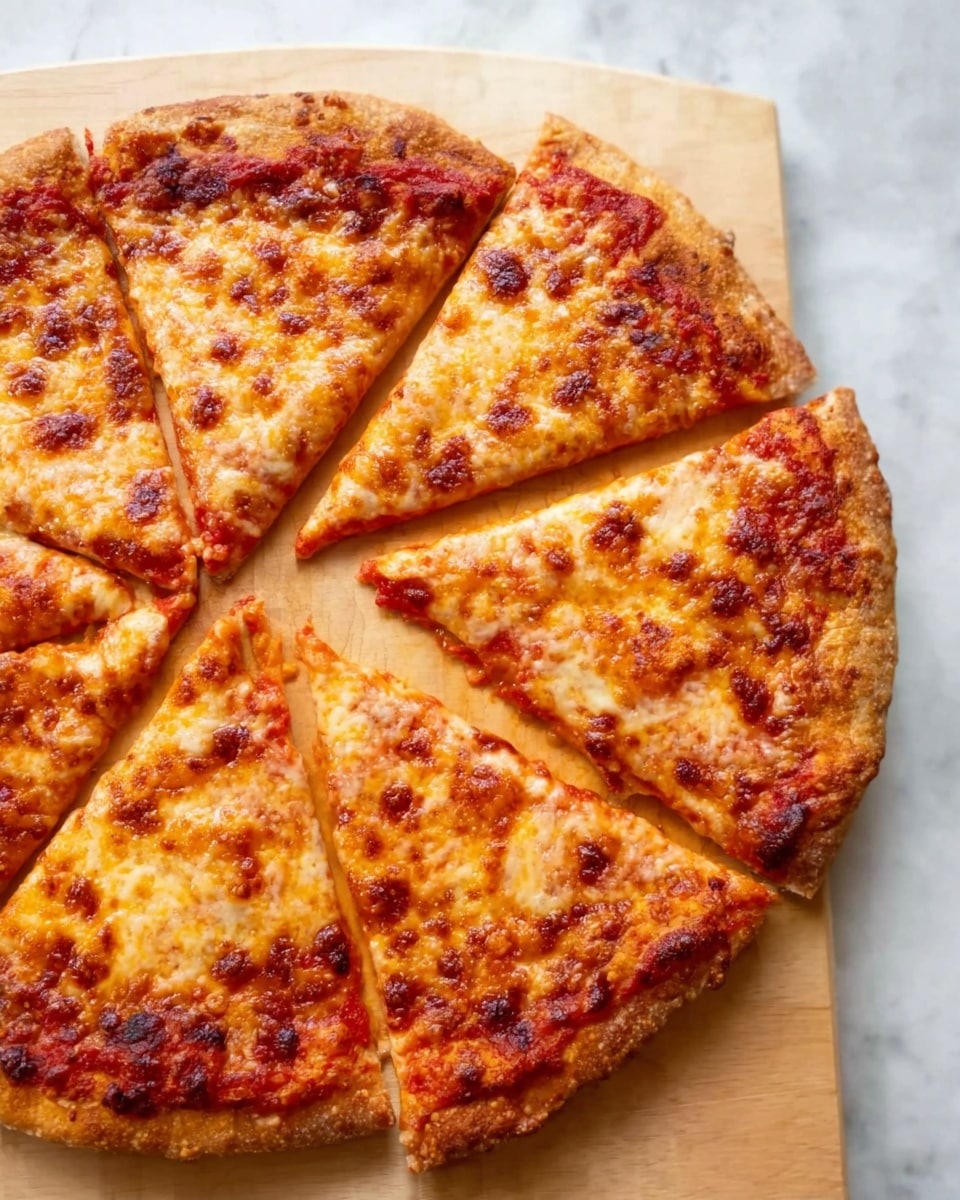 A whole round pizza is shown divided into eight slices on a light wooden board. The pizza has a golden brown crust that looks crispy and slightly thick around the edges. On top, there is a layer of bright red tomato sauce spread evenly, covered by a golden melted cheese layer with browned spots giving it a bubbly texture. The pizza surface shows a mix of smooth, melted cheese and some areas with slight browning and crispiness. The background is a white marbled texture. photo taken with an iphone --ar 4:5 --v 7