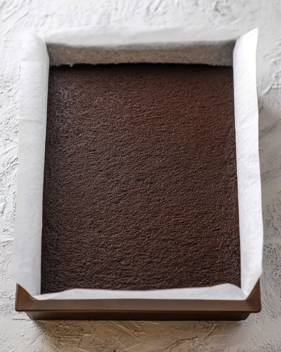A single, flat, rectangular layer of dark brown chocolate cake rests evenly on white parchment paper inside a baking tray, showing a smooth surface with a slightly porous texture. The tray sits on a white marbled textured surface, and the edges of the parchment paper are slightly raised around the cake. The photo taken with an iphone --ar 4:5 --v 7