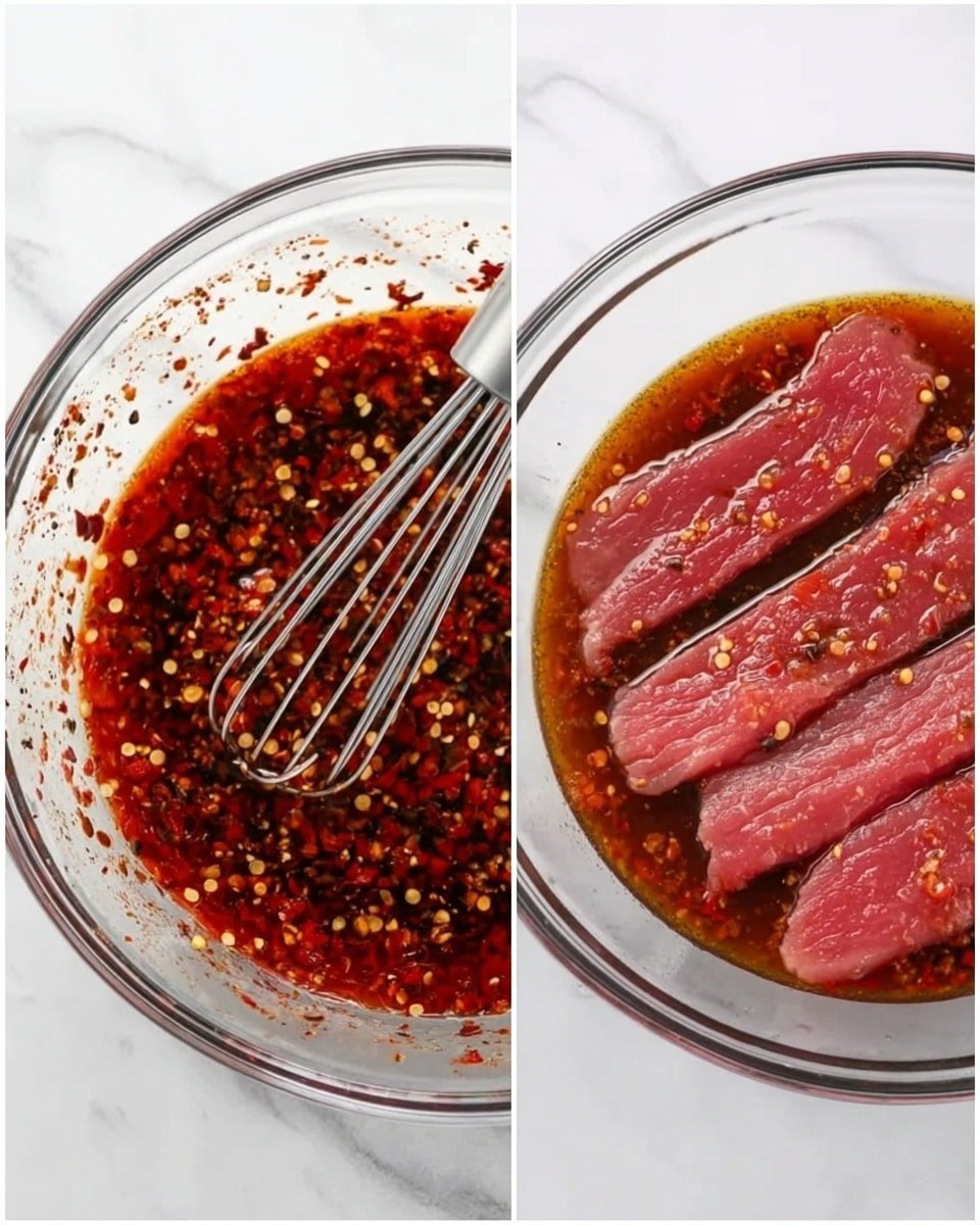 Two images side by side show steps in making a dish. The first image shows a clear glass bowl filled with a red sauce mixed with chili flakes and small bits of spices, being stirred by a metal whisk over a white marbled surface. The second image shows the same clear glass bowl with the red sauce at the bottom, now with five raw pink meat strips laid on top soaking in the sauce, also on a white marbled surface. photo taken with an iphone --ar 4:5 --v 7