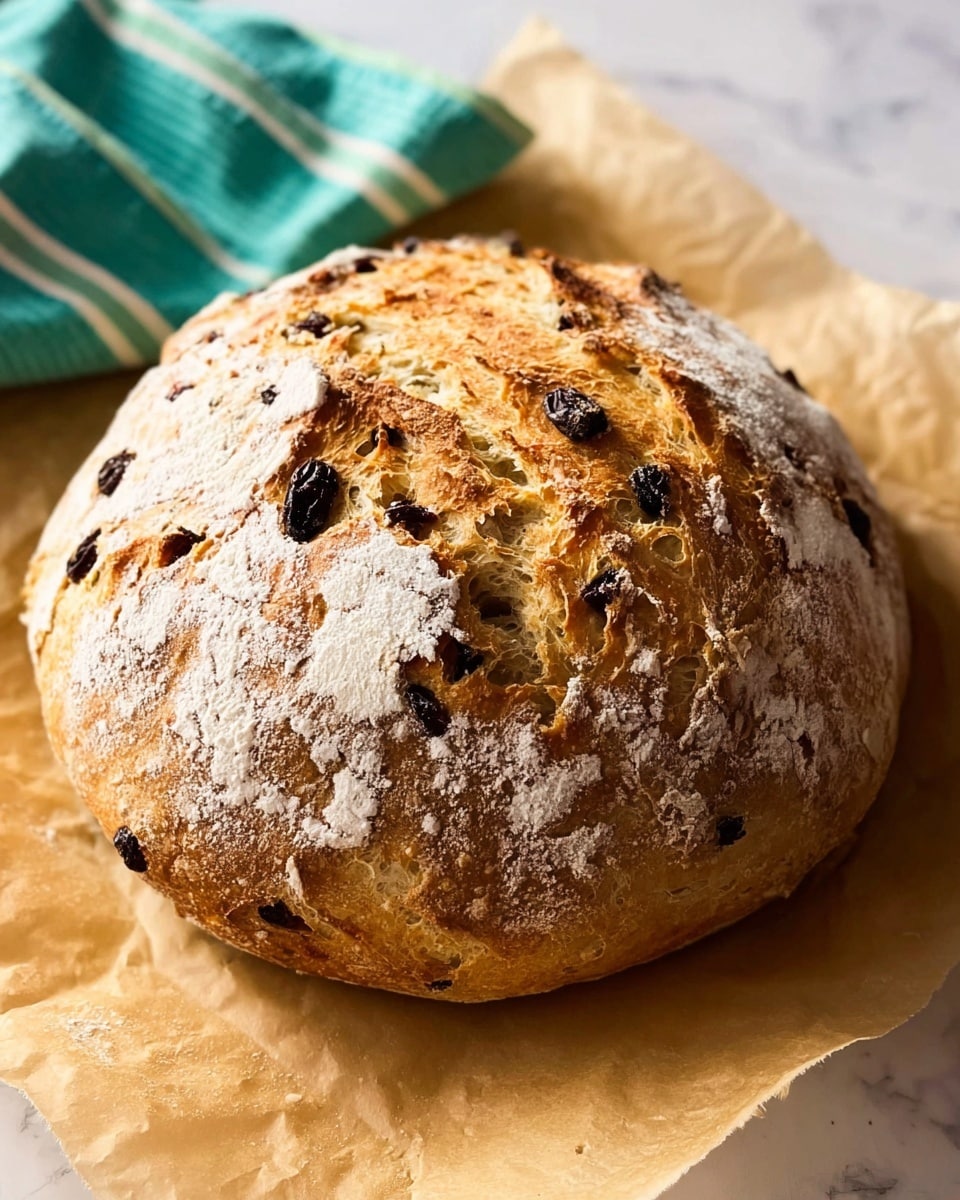 A round loaf of bread with a golden brown crust that is dusted lightly with white flour. The surface has rough texture and deep cracks showing the soft inside. Dark raisins or olives are spread throughout the crust, some peeking through the surface. The bread sits on a piece of light brown parchment paper that has soft wrinkles. The background is a white marbled texture, and in the upper part, a teal cloth with thin white and green stripes is slightly visible. Photo taken with an iphone --ar 4:5 --v 7