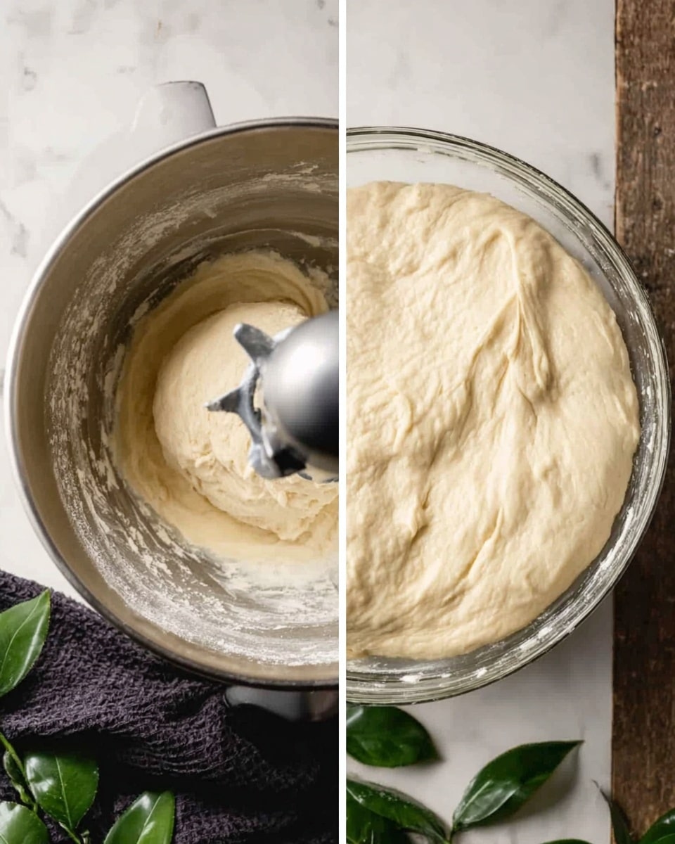 The left side shows a shiny silver metal bowl with pale dough inside being mixed by a dough hook attached to a mixer, the dough has a smooth and thick look with some flour dust on the sides of the bowl. The right side shows a white round glass bowl filled with pale, smooth dough that has risen, creating a slightly puffy surface with gentle folds. Both bowls sit on a white marbled surface with a dark cloth nearby and some green leaves at the bottom. photo taken with an iphone --ar 4:5 --v 7
