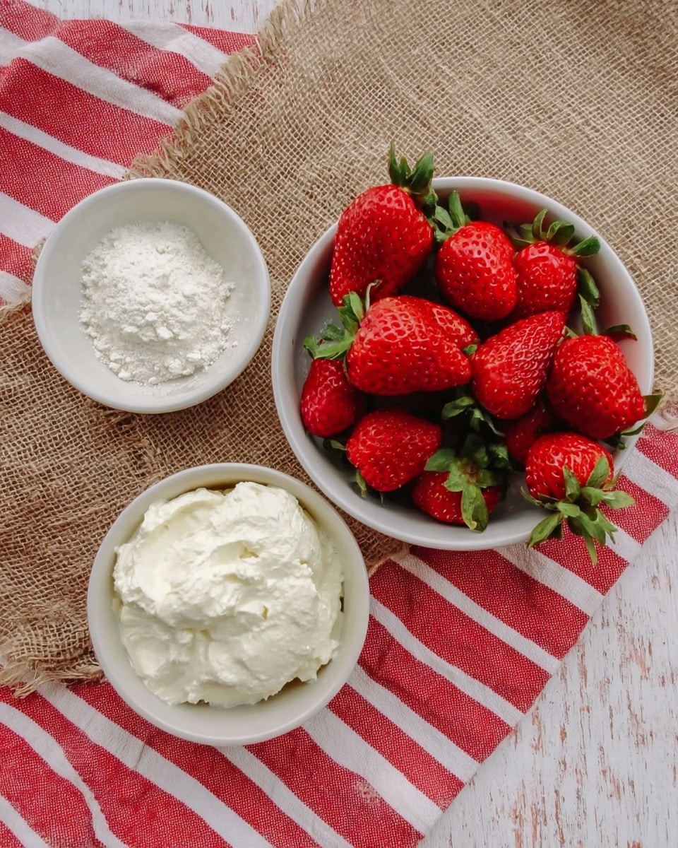 The image shows three white bowls placed on a beige burlap cloth over a red and white striped cloth, all set on a white marbled surface. The largest bowl on the right is filled with bright red strawberries with green leaves, showing a fresh and glossy texture. Below it, a slightly smaller bowl contains a thick, creamy white substance with a slightly rough texture. Above this bowl, the smallest bowl holds a white powdery ingredient that appears soft and fine. The setting gives a rustic feel with the natural fabric and striped cloth in the background. photo taken with an iphone --ar 4:5 --v 7
