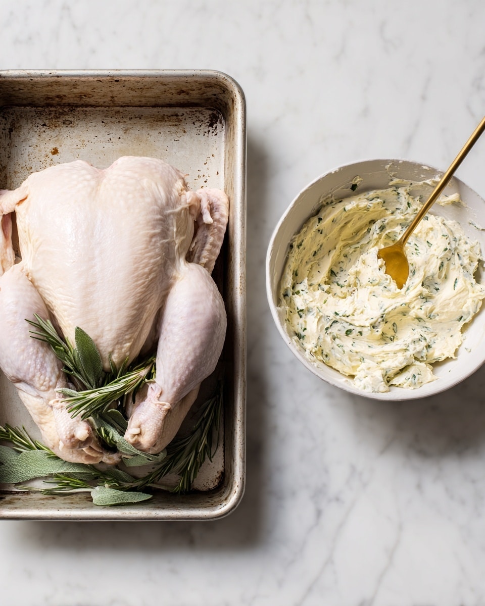 The image on the left shows a whole raw chicken placed in a well-used metal tray with a slightly rough surface. The chicken is pale pink with a smooth skin texture. It is positioned breast side up with legs towards the bottom, and the cavity is filled with green herb sprigs, including rosemary and sage. The image on the right shows a white bowl filled with a creamy mixture of butter and green herbs, with a gold spoon embedded in it. The butter mixture has a soft, whipped texture with herb flecks. Both images are set on a white marbled surface. Photo taken with an iphone --ar 4:5 --v 7