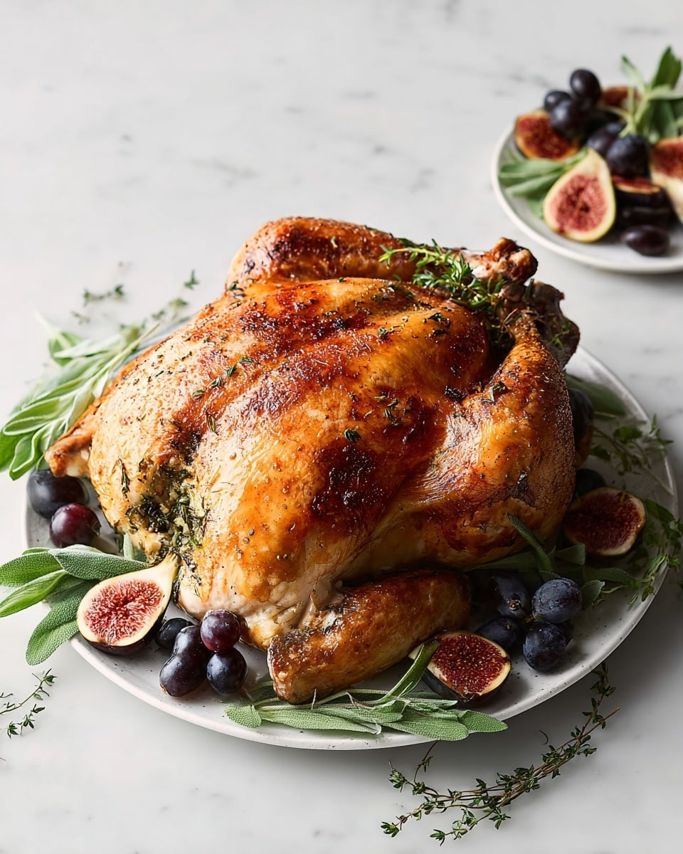 A golden brown roasted whole chicken with shiny, crispy skin sits on a white round plate. The chicken is stuffed with green herbs like sage and thyme, filling the cavity. Around the chicken, there are halved figs with deep red centers and black grapes scattered on the plate and white marbled surface. Some green herb sprigs are laid around as decoration. In the background, a white round plate holds more halved figs and green herbs. photo taken with an iphone --ar 4:5 --v 7