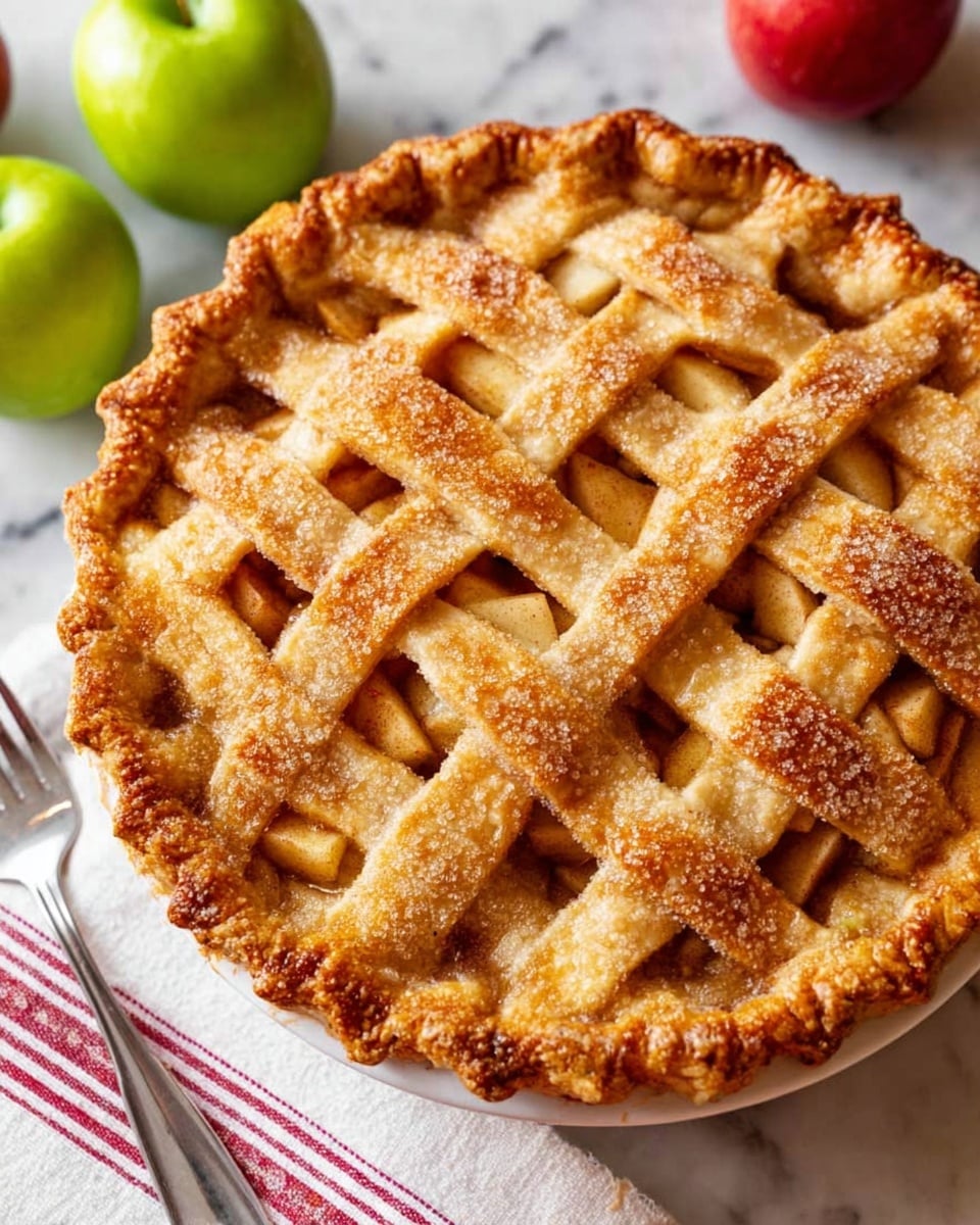 A golden-brown apple pie with a lattice crust sits on a white plate, the crisscrossed strips of dough showing the filling underneath through the woven gaps. The crust is brushed with sugar, giving it a slight sparkle. Around the pie, there are whole green and red apples resting on a white marbled surface. A silver fork is placed next to the plate on a white and red striped cloth. The pie crust looks flaky and thick with a textured edge photo taken with an iphone --ar 4:5 --v 7