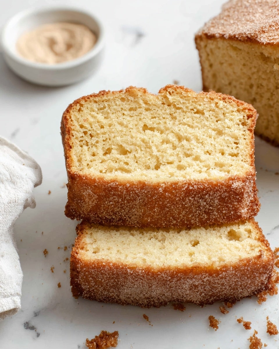 The image shows two slices of light golden-brown cake stacked on each other with a visible crumbly and soft texture, on a white marbled surface. The top slice reveals a moist, airy interior with tiny holes, while the bottom slice shows a sugar-coated crust with a slightly darker, crispy edge. Crumbs are scattered around the slices. To the left, there is a small white bowl containing a light brown powdery substance and a white cloth napkin nearby. Photo taken with an iphone --ar 4:5 --v 7