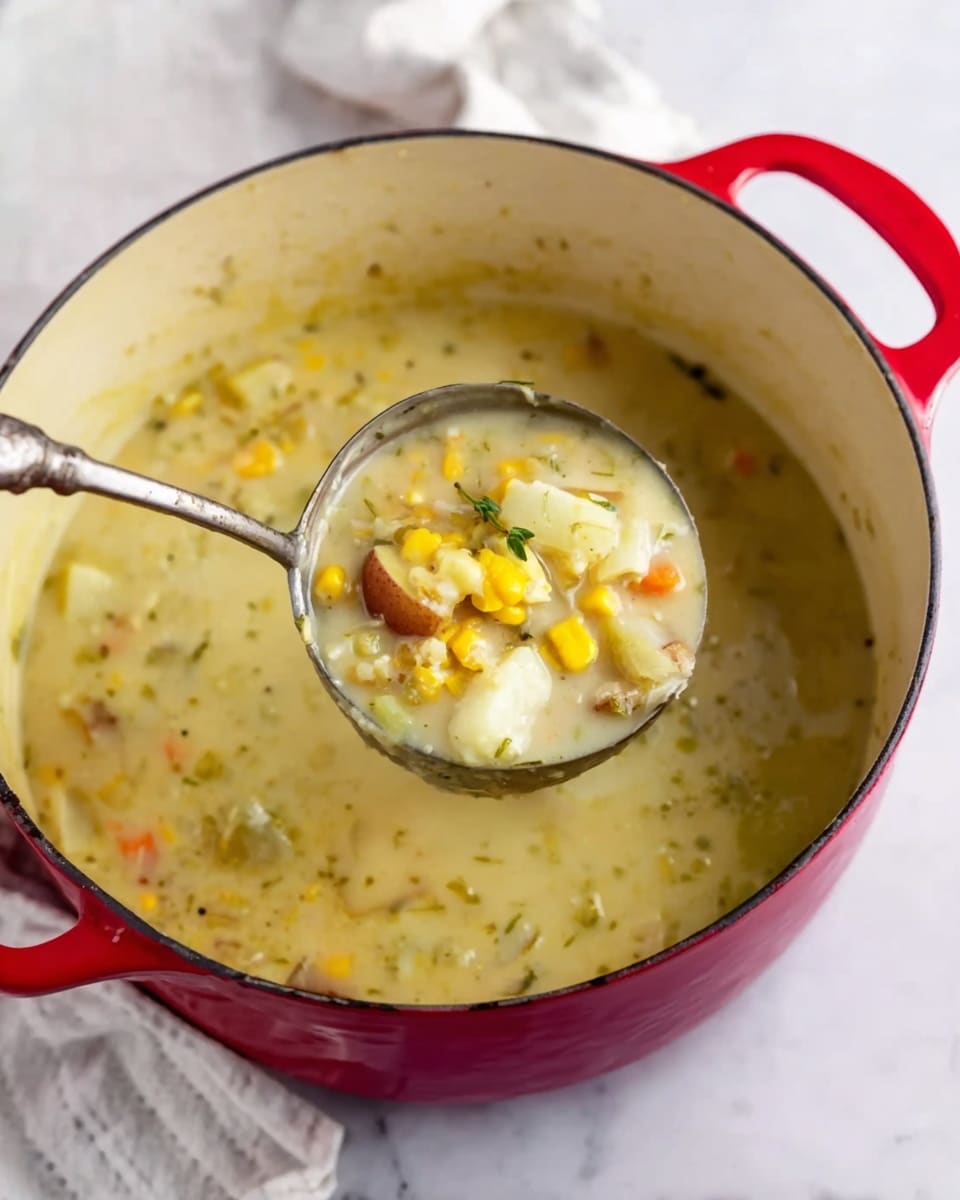 A large red pot filled with creamy soup that has a light yellow color with visible chunks of yellow corn, white pieces of cauliflower, and small brown potato pieces mixed throughout. A shiny silver ladle is lifting a portion of the soup, showing a mix of the vegetables in a creamy broth. The pot is placed on a white marbled surface with a white cloth in the background. photo taken with an iphone --ar 4:5 --v 7