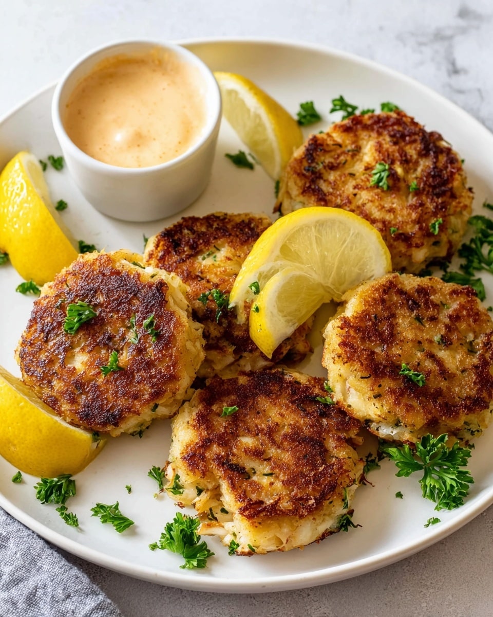 The image shows a close-up of a stack of golden brown crab cakes with a slightly crispy texture, placed on a white plate with a white marbled background. On top of the stack is a swirl of creamy, light beige sauce with tiny red specks. Around the crab cakes are bright green parsley leaves and two lemon wedges with a light yellow color and white pith, adding fresh color to the dish. In the top left corner, a white bowl with more creamy sauce is partially visible. photo taken with an iphone --ar 4:5 --v 7