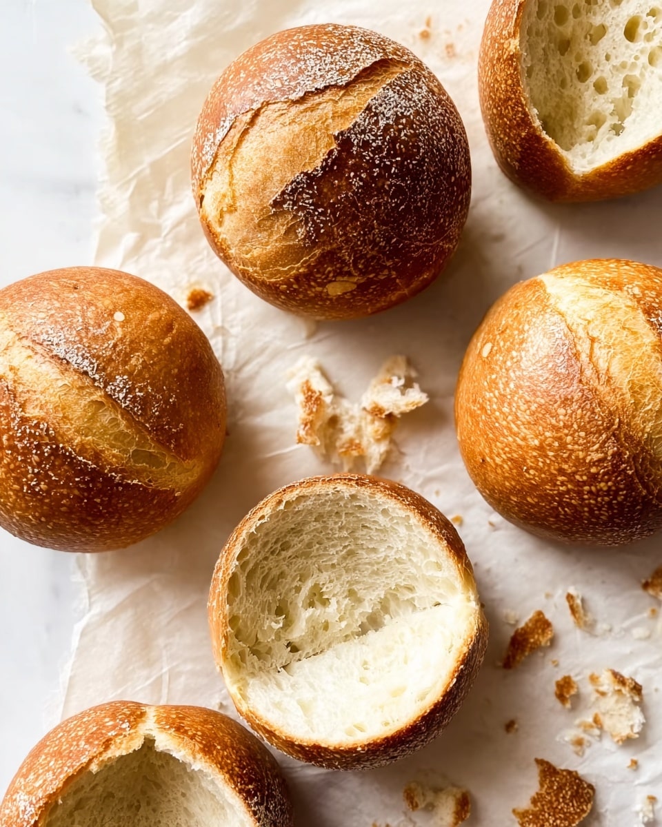 The image shows five round bread bowls arranged on a white marbled surface covered with a sheet of parchment paper. Four of the bread bowls have their tops removed, exposing a soft, light cream-colored inside with a fluffy texture. One bread bowl shows the removed top placed nearby, presenting the same soft interior and golden-brown crust finish. The bread crust is a deep golden brown with a slightly rough texture and some small air bubbles, showing a well-baked crust. Crumbs of bread are scattered lightly around the bowls, adding a natural, fresh look to the scene. photo taken with an iphone --ar 4:5 --v 7