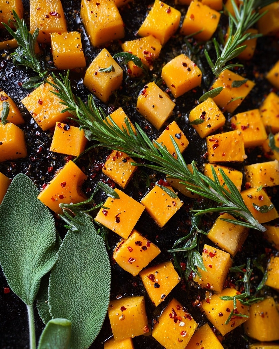 The image shows many small orange cubes of squash scattered on a dark cooking surface, each cube coated in oil and sprinkled with black pepper and red chili flakes. Among the cubes are several green rosemary sprigs with needle-like leaves and a couple of large fuzzy sage leaves. The orange squash cubes have a slightly shiny texture, and the herbs add fresh green color. This mix looks ready to be roasted or cooked. Photo taken with an iphone --ar 4:5 --v 7