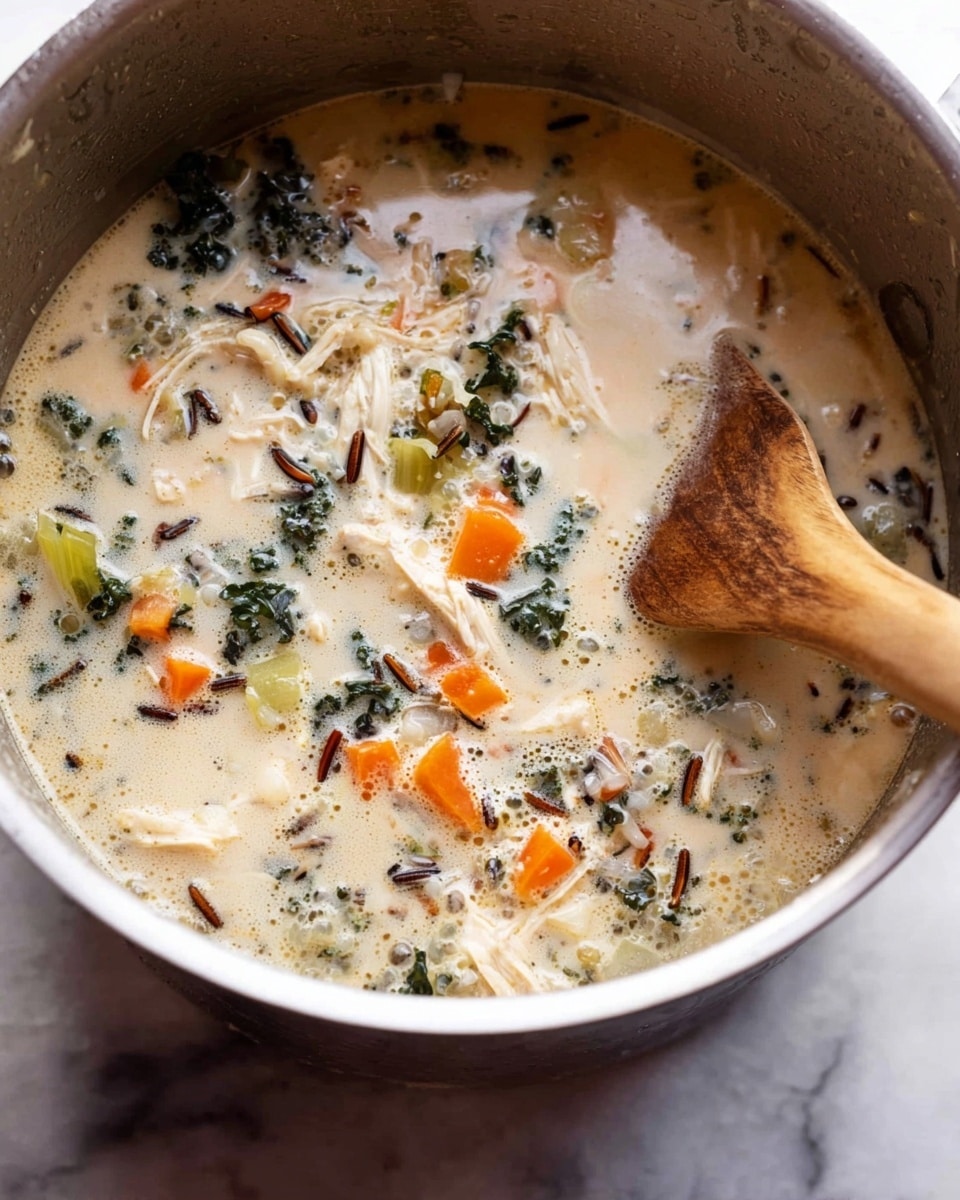 Inside a stainless steel pot, a creamy soup with visible layers floats. The light beige broth has a smooth texture with small bubbles. Inside are pieces of orange carrots, bright green kale, light green celery, shredded white chicken strips, and dark grains of wild rice scattered throughout. A wooden spoon with a smooth finish is partly submerged on the right side. The pot sits on a white marbled surface. photo taken with an iphone --ar 4:5 --v 7