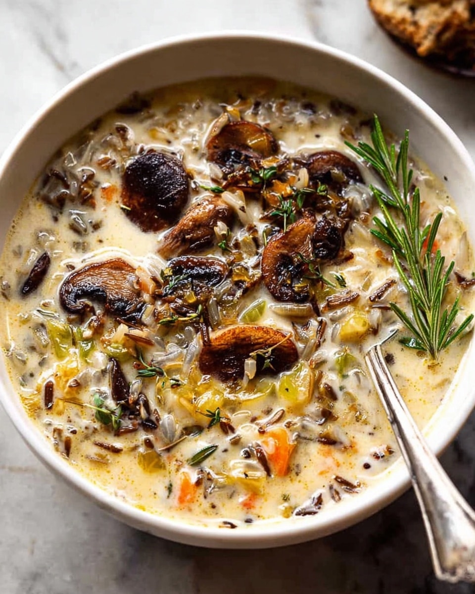 A white bowl filled with creamy soup that has several layers of texture and color: the soup base is smooth and pale, filled with small grains of rice and tiny pieces of orange carrot and green herbs, floating within it are whole and sliced brown mushrooms that appear soft and cooked, with dark brown roasted edges, and sprigs of green rosemary spread on top. A silver spoon rests inside the bowl on the right side, and the background shows a soft white marbled texture. Photo taken with an iphone --ar 4:5 --v 7