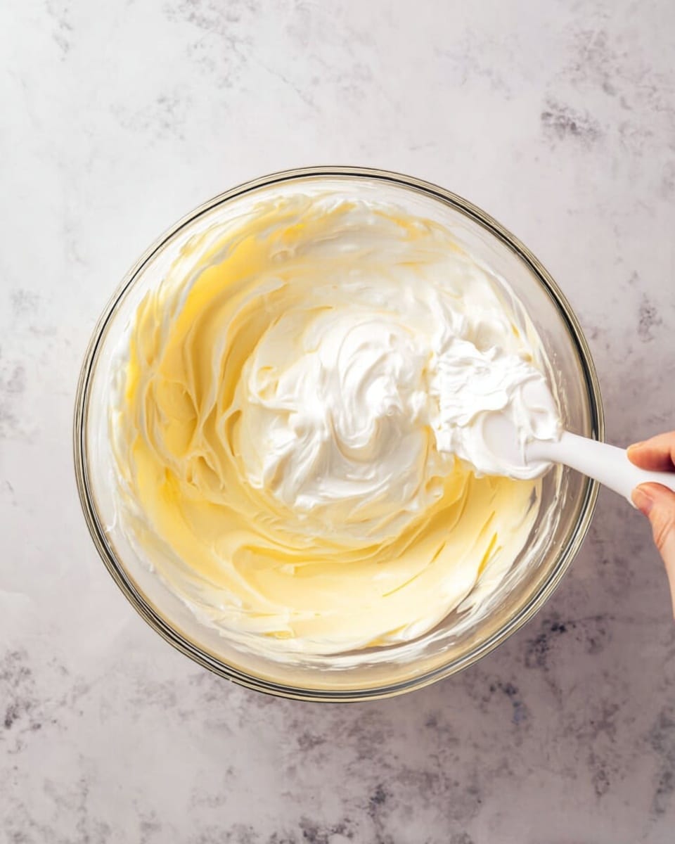 A clear glass bowl sits on a white marbled surface, filled with two layers of creamy textures being mixed together. The bottom layer is smooth and pale yellow, while the top layer is fluffy and white, partially stirred in. A white spatula held by a woman's hand is in the bowl, blending the two layers gently, creating swirls where the colors meet. The overall look is soft and airy with light reflections on the glass bowl. photo taken with an iphone --ar 4:5 --v 7