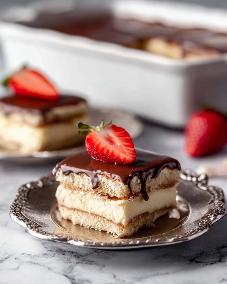 The image shows a dessert piece with three layers: a creamy light beige filling sandwiched between two light brown biscuit or cake layers, topped with a smooth dark chocolate layer. On top of the chocolate layer is a bright red strawberry with a green stem, sliced thinly but kept whole. The piece is placed on a delicate silver plate with an ornate edge, and there are two similar dessert pieces blurred in the background. Behind them, a white ceramic baking dish with more of the dessert is visible, sitting on a white marbled surface. Photo taken with an iphone --ar 4:5 --v 7