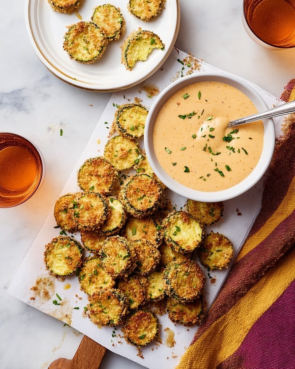The image shows a white rectangular plate filled with several pieces of golden brown fried zucchini rounds, each coated with a crispy breadcrumb layer and sprinkled with small green chopped herbs. The zucchini slices have a crunchy texture on the outside and a slightly soft inside, with some darker edges indicating they are well cooked. To the right side of the plate, there is a round white bowl filled with a creamy pinkish dipping sauce with small green herb bits visible inside, and a spoon resting in the sauce. The plate and bowl sit on a white marbled surface. photo taken with an iphone --ar 4:5 --v 7