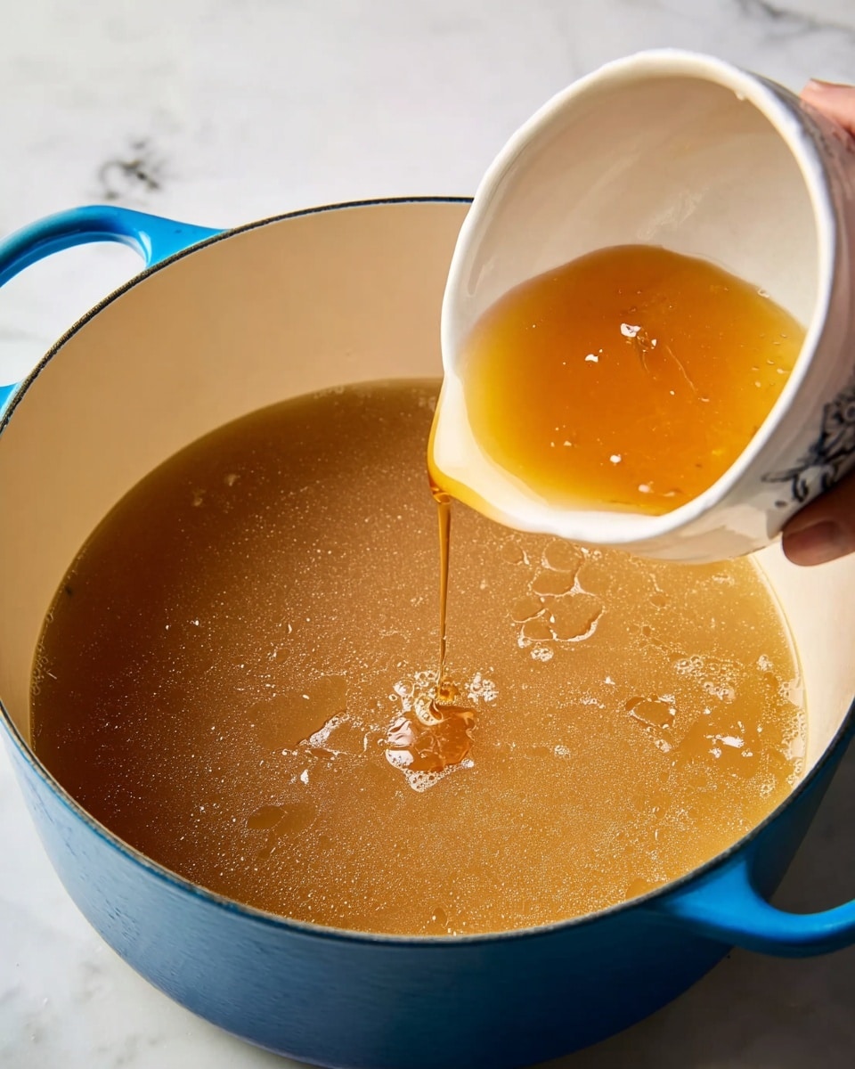 A blue pot with a light-colored inside is filled with a light brown liquid that looks like broth. A white bowl is pouring a shiny amber liquid into the pot from the right side of the image. The pot sits on a white marbled surface. The woman's hand holding the bowl is slightly visible at the bottom right corner of the image. The surface of the liquid in the pot has small bubbles and a few white spots. photo taken with an iphone --ar 4:5 --v 7
