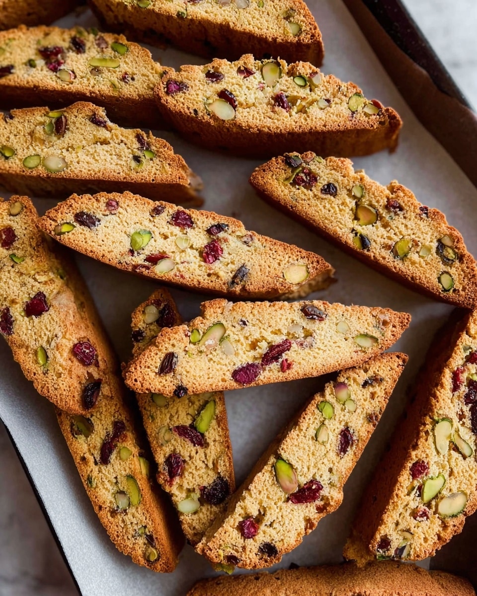The image shows a tray filled with several long, golden-brown biscotti pieces arranged close to each other. Each biscotti is studded with visible nuts and dried fruits, such as pistachios and cranberries, giving the surface a textured look with pops of green and red colors. The biscotti have a crunchy texture with small cracks on the top, and the tray is lined with a light baking mat. The scene is lit well, highlighting the warmth and crispness of the biscotti on a white marbled surface. photo taken with an iphone --ar 4:5 --v 7