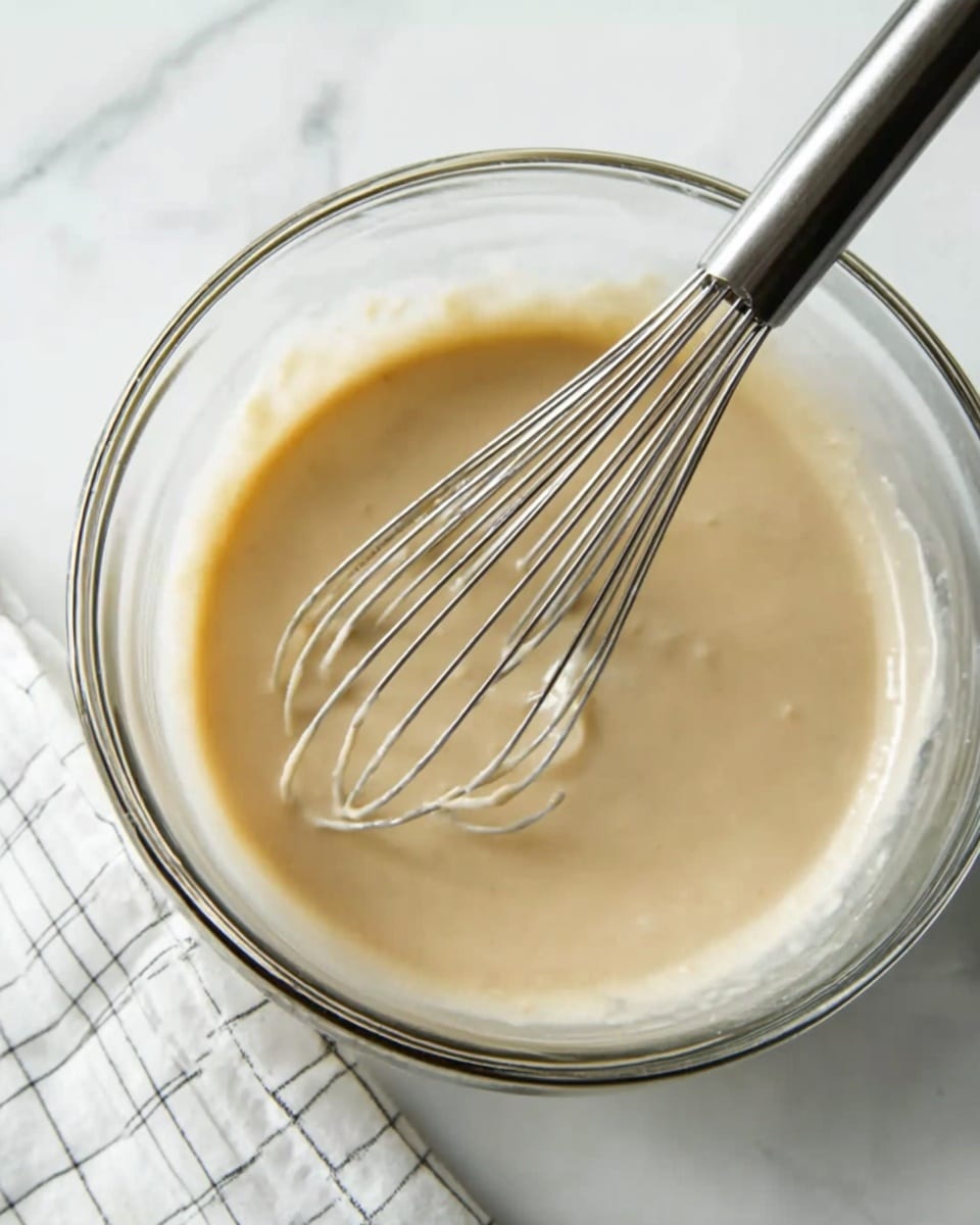A clear glass bowl filled with a smooth, light beige batter. A silver whisk with a black handle rests inside the bowl, partly submerged in the batter. The bowl is placed on a white marbled surface with part of a white grid-patterned cloth visible on the side. The batter looks creamy and thick, evenly mixed without lumps photo taken with an iphone --ar 4:5 --v 7