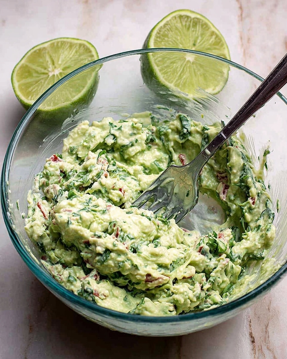 A clear glass bowl holds a creamy mix that is light green in color, speckled with small pieces of red and darker green herbs and vegetables, giving it a fresh and textured look. Resting inside the bowl is a shiny metal fork, its prongs slightly buried in the mix. Behind the bowl, two halved limes with bright green, juicy interiors sit on the surface. The surface is a white marbled texture that contrasts softly with the vibrant colors in the bowl. photo taken with an iphone --ar 4:5 --v 7