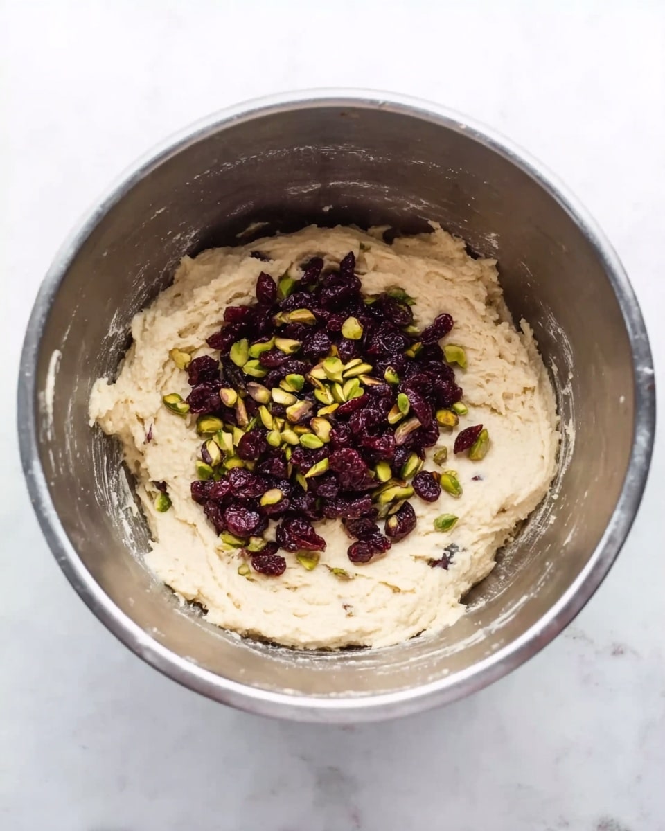 A metal mixing bowl filled with a pale, creamy dough base that takes up most of the space inside the bowl, with a mound of dark red dried cranberries and scattered green pistachio nuts placed on top in the center, all set on a white marbled surface, photo taken with an iphone --ar 4:5 --v 7