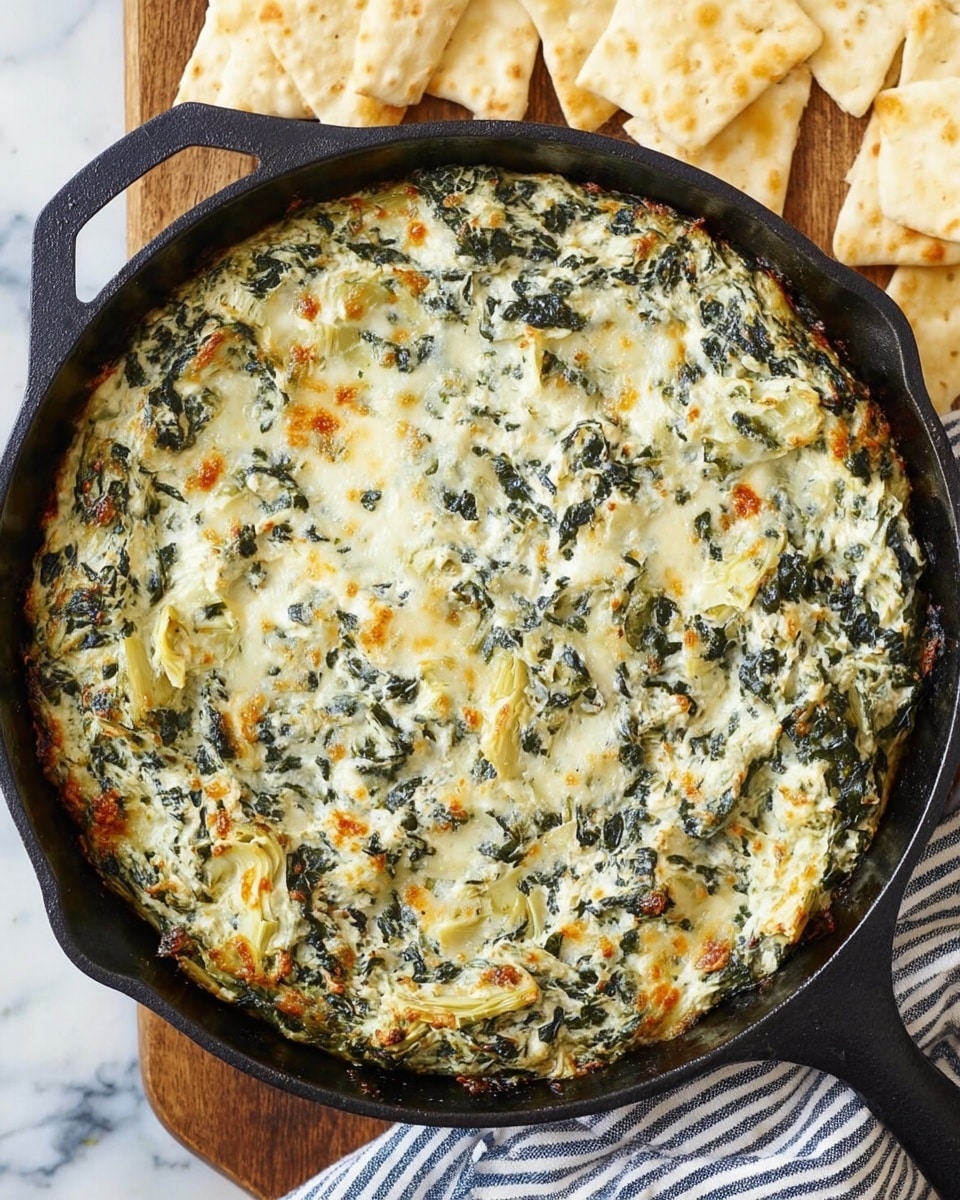 A black cast iron pan filled with a baked spinach and artichoke dip, showing a mix of creamy white and light green layers from the spinach and artichoke pieces evenly spread throughout the dish. The top has a slightly browned, bubbly texture with some parts golden and others deep green. The pan sits on a white marbled surface partly covered by a striped cloth, and white triangular chips with light brown spots are scattered behind it. Photo taken with an iphone --ar 4:5 --v 7