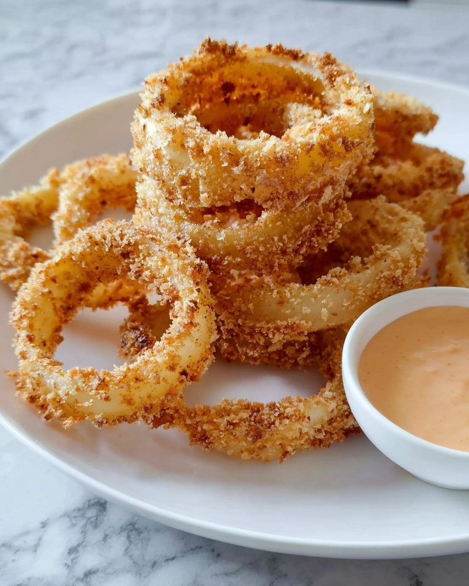 A white plate is full of crispy, golden brown onion rings stacked on top of each other showing their rough, crunchy texture. On the right side of the plate, there is a small white bowl filled with a smooth, light orange dipping sauce. The plate sits on a white marbled surface. photo taken with an iphone --ar 4:5 --v 7