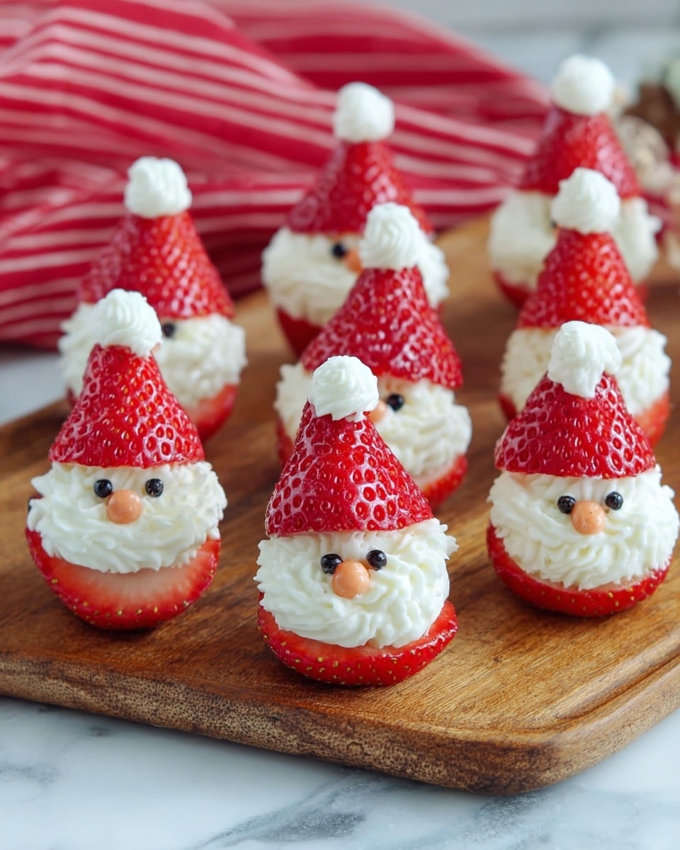The image shows small festive treats made with strawberries and white cream, shaped like little Santa faces. Each treat has two layers of strawberry – a flat red bottom layer with visible seeds and a pointed red top layer as the hat. Between these layers, there is a thick swirl of white cream to look like Santa's beard and face. Small black dots made of cream or candy form the eyes, and a small red dot forms the nose on each face. A small dollop of white cream sits on the tip of each strawberry hat. These Santa-shaped treats are placed on a wooden board with a white marbled surface visible underneath and a red striped cloth in the background. photo taken with an iphone --ar 4:5 --v 7