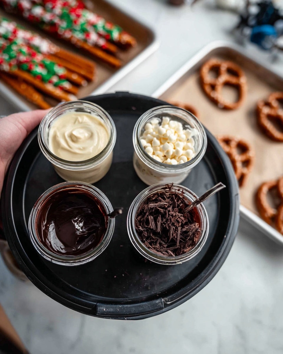 The image shows four small clear jars placed on a round black tray. Two jars contain creamy white chocolate, one smooth and one topped with white chocolate chips; another jar holds dark chocolate sauce, glossy and thick, while the last jar is filled with dark chocolate shavings, rough and textured. The background is a white marbled surface with trays holding pretzel sticks decorated with colorful red and green sprinkles. A woman's hand is seen holding the black tray. Photo taken with an iphone --ar 4:5 --v 7