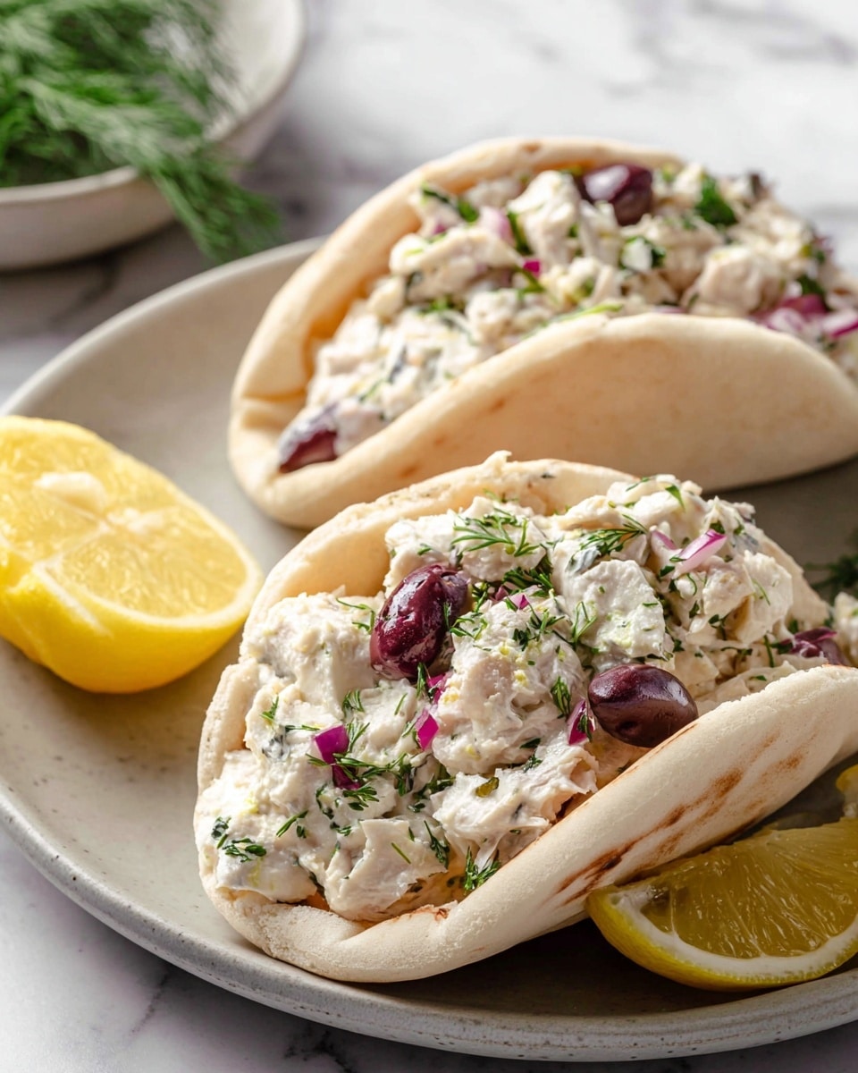 Two pita pockets filled with a creamy white mixture with visible chunks of white cheese, small pieces of dark purple olives, and bits of red onion, topped with fresh green herbs. The pita bread is pale beige with a soft texture. The two pita pockets are placed on a white plate with a white marbled background. A halved lemon with a bright yellow color is placed near the pita pockets. Photo taken with an iphone --ar 4:5 --v 7