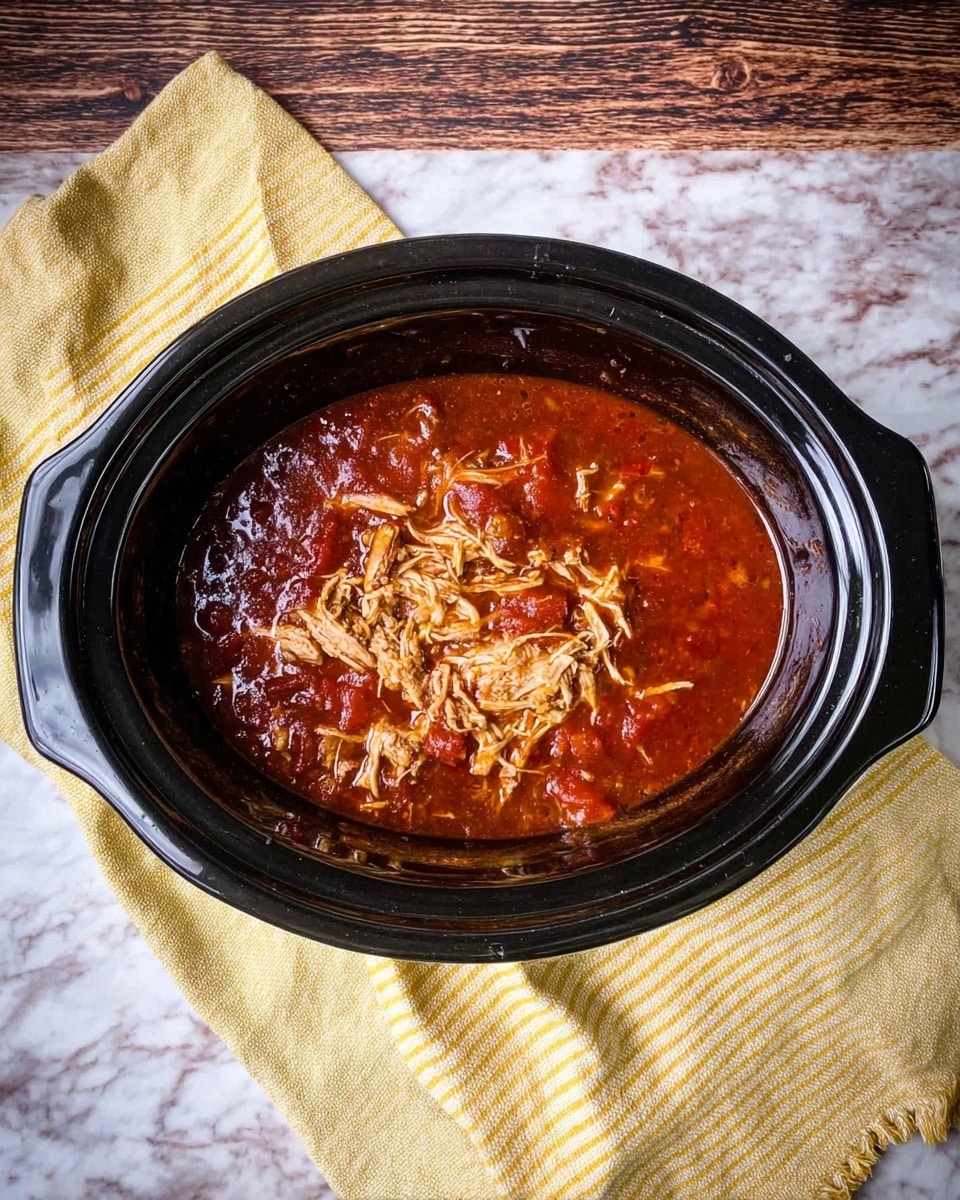 The image shows a black slow cooker filled with a thick red sauce with chunks of shredded light tan meat in the center, all resting on a white marbled surface with a yellow striped cloth partially under the slow cooker. The sauce looks rich and slightly shiny with small visible pieces of tomatoes or spices. photo taken with an iphone --ar 4:5 --v 7
