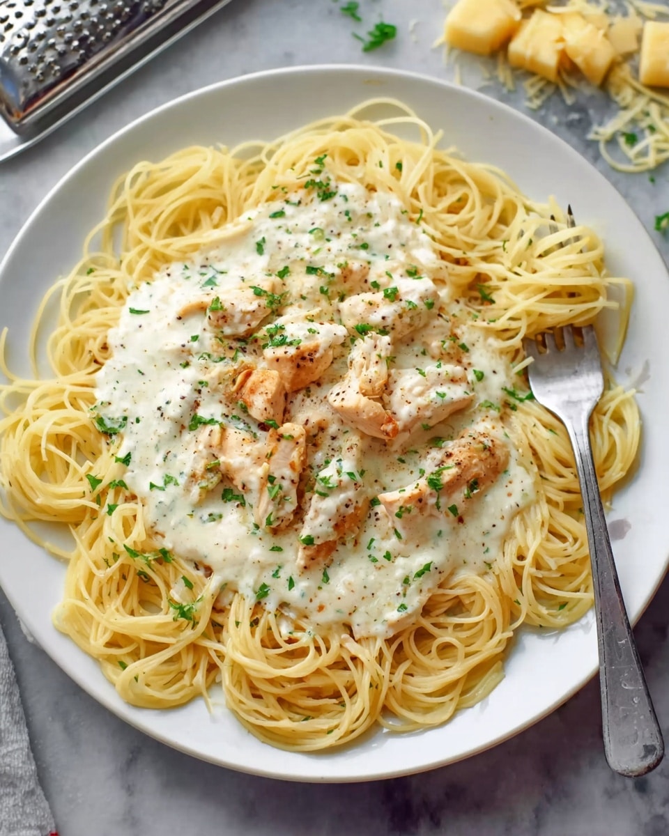 A white round plate filled with thin spaghetti noodles arranged in a nest-like shape around the edges, topped in the center with creamy white sauce mixed with pieces of cooked chicken. The sauce has a smooth texture, speckled with black pepper and small sprinkled green herbs. A silver fork rests on the right side of the plate, with some noodles loosely wrapped around its tines. The plate sits on a white marbled surface with a metal grater and small chunks of yellow cheese blurred in the background. Photo taken with an iphone --ar 4:5 --v 7