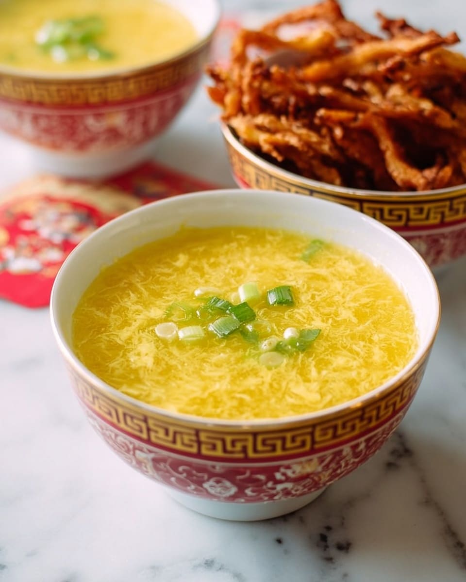 Two white bowls with red and gold patterns are filled with yellow egg drop soup, topped with small green onion slices. Behind them, a white bowl holds crispy brown fried items, possibly strips of vegetables or meat. The bowls sit on a white marbled surface. The colors are warm and inviting, with the yellow soup shiny and smooth, and the fried items textured and crunchy. Photo taken with an iphone --ar 4:5 --v 7