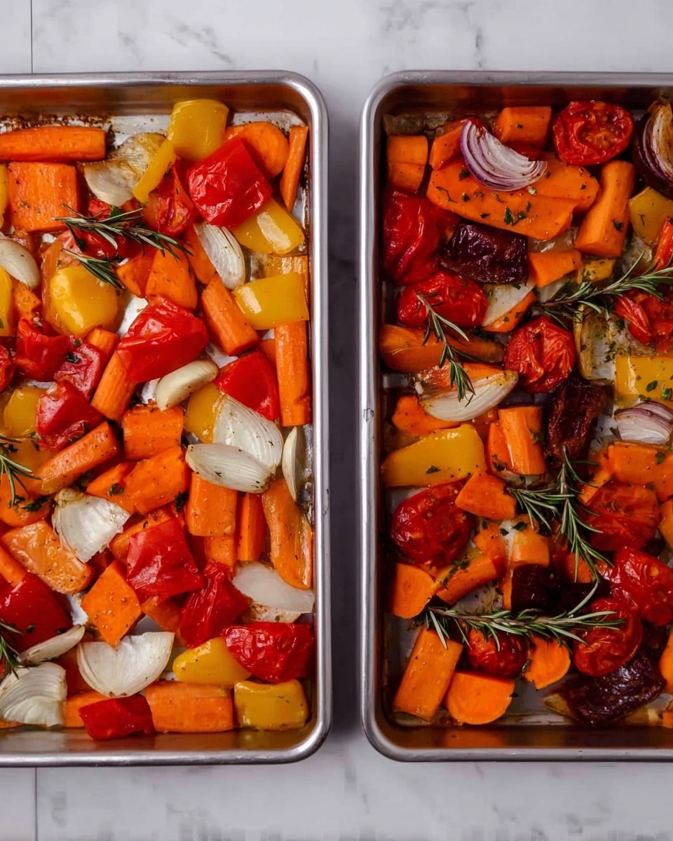 The image shows two metal baking trays on a white marbled surface, filled with colorful roasted vegetables. Each tray has roughly three layers mixed together: large pieces of orange carrots, chunks of red and yellow bell peppers, quartered red tomatoes, and slices of white onion. Sprigs of fresh green rosemary are scattered on top, giving a textured look. The tray on the left contains raw vegetables with bright and fresh colors, while the tray on the right holds cooked vegetables where the colors are deeper, darker, and slightly charred, with a soft, cooked texture visible. photo taken with an iphone --ar 4:5 --v 7