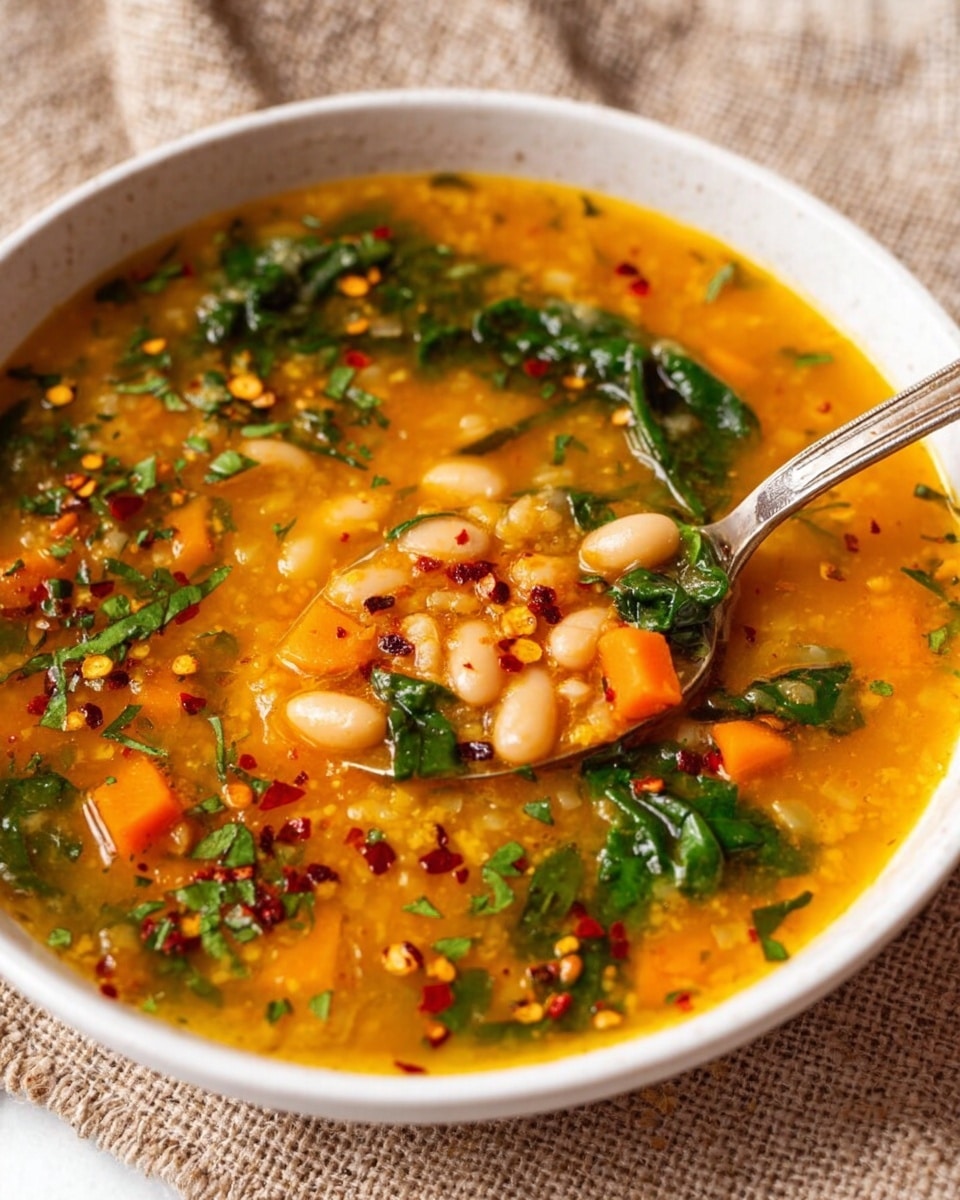 A white bowl filled with thick orange-yellow soup layered with white beans, small diced orange carrots, green spinach leaves, and finely chopped herbs scattered on top. The surface of the soup is glossy with a sprinkle of red chili flakes and chopped cilantro, creating a textured look. A spoon is dipped into the soup, holding a mix of beans, carrots, and broth. The bowl is placed on a textured natural fabric over a white marbled surface. Photo taken with an iphone --ar 4:5 --v 7