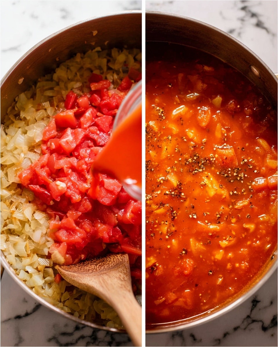 The image shows two side-by-side views of a cooking pot with tomato sauce being made. On the left, the pot contains a layer of cooked chopped onions in a light golden color at the bottom, topped with bright red tomato paste and chunky diced tomatoes in vibrant red hues. A woman's hand is pouring liquid from a can into the pot, adding a thin stream of red tomato juice. A wooden spoon rests inside the pot, stirring the ingredients. On the right, the pot is filled with a thick, orange-red tomato sauce that has visible small chunks of tomatoes and bits of translucent onion, with black pepper specks scattered throughout. The pot sits on a surface with a white marbled texture. Photo taken with an iphone --ar 4:5 --v 7