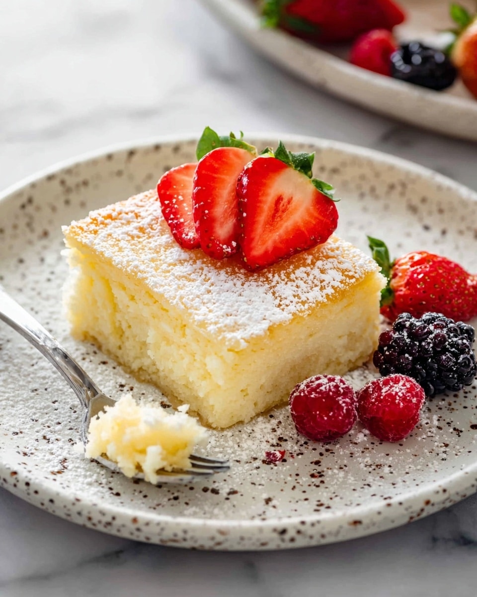 A square piece of creamy yellow cake with a light golden crumbly top layer dusted with powdered sugar sits in the center of a white speckled plate. On top of the cake is a fan-shaped sliced strawberry with a green leaf stem. Around the cake on the plate are whole strawberries, red raspberries, and some blackberries. A silver fork holds a small piece of the cake near the front edge of the plate. The plate rests on a white marbled surface. Photo taken with an iphone --ar 4:5 --v 7