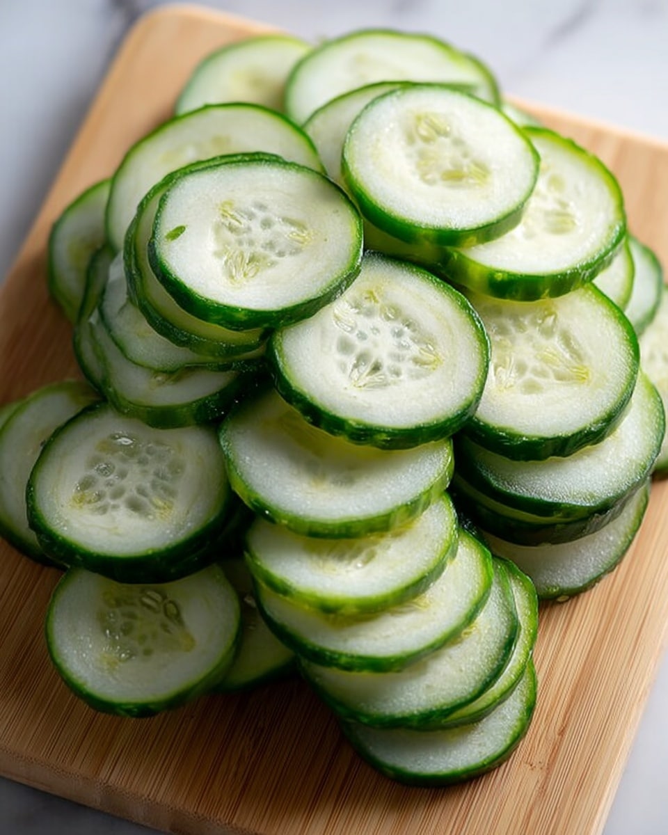 The image shows many thin slices of cucumber piled loosely on a light wooden cutting board. Each slice is circular with a dark green outer skin and a pale green, almost white, inside that reveals small seeds arranged in a simple pattern. The cucumbers are layered unevenly, with some slices overlapping others, creating a natural, fresh look. The background is a white marbled surface that adds a clean and bright contrast to the green vegetables. photo taken with an iphone --ar 4:5 --v 7