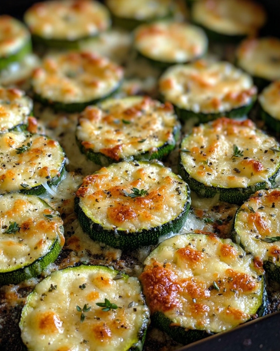 The image shows a baking tray filled with many round slices of zucchini arranged in rows. Each zucchini slice has a green skin outer layer with a creamy, slightly golden melted cheese top layer, bubbling with small browned spots and sprinkled with tiny green herb leaves. The surface beneath the zucchini is lightly browned and crisped with some oil and seasoning specks visible. The overall look is colorful with contrast between the green edges and the warm cheese layer. photo taken with an iphone --ar 4:5 --v 7