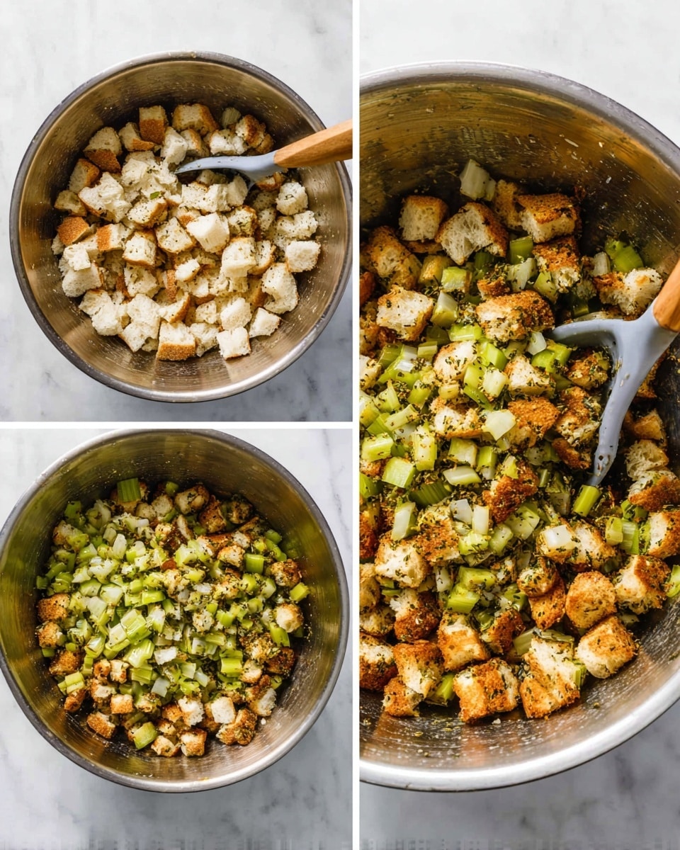 A metal mixing bowl sits on a white marbled surface, showing four stages of combining ingredients. The first image reveals two main layers: large cubes of white and light brown bread on the left side and green chopped celery mixed with small bits of onion on the right, with a spatula that has a grey head and long wooden handle resting inside the bowl. The second image shows the bread pieces somewhat combined with the celery mixture, all sides turning golden brown, coated with herbs and seasoning. The third image presents the ingredients more evenly mixed, with the bread pieces smaller and golden with a rough texture, and vibrant green celery chunks scattered throughout. The fourth image depicts the mixture fully combined, smaller uniformly toasted bread cubes and celery pieces, with visible black pepper seasoning; a wooden spoon with a smooth texture lies inside the bowl. photo taken with an iphone --ar 4:5 --v 7