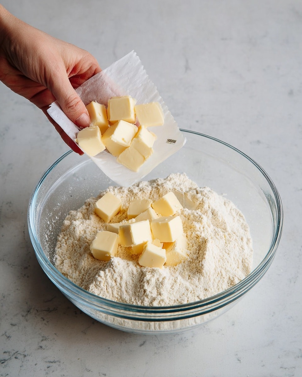 A clear glass mixing bowl sits on a white marbled texture, filled with a large pile of white flour. On top of the flour, small square cubes of pale yellow butter are scattered. A woman's hand is holding a piece of wax paper and dropping more butter cubes into the bowl, with a few butter pieces still resting on the paper. The photo is bright and clear, focusing on the ingredients and the motion of adding butter to flour. photo taken with an iphone --ar 4:5 --v 7