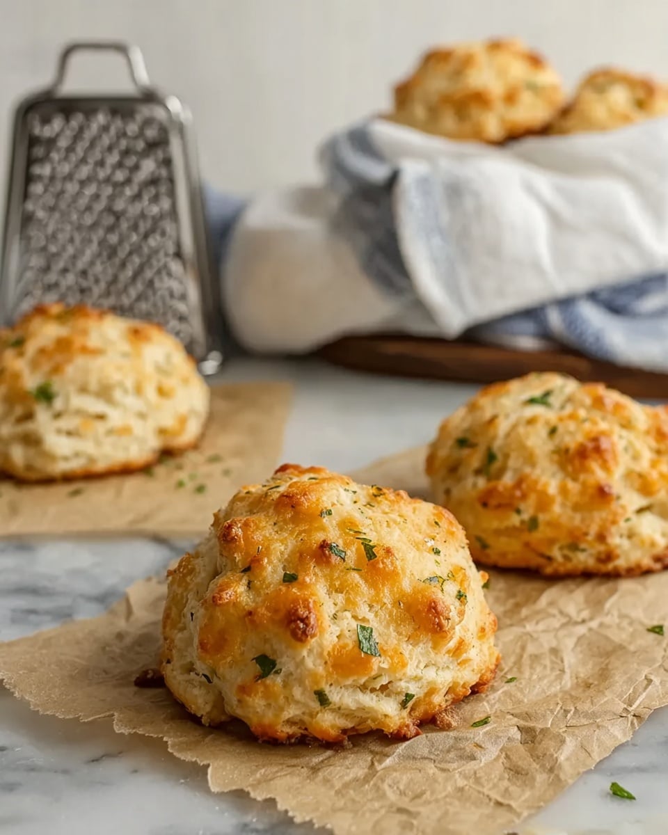 The image shows a close-up view of four golden-brown cheese biscuits sitting on a piece of light brown parchment paper on a white marbled surface. Each biscuit has a rough, slightly crumbly texture with small bits of melted cheese and green herbs visible throughout. The biscuits are round and slightly domed, with the one in the front in sharp focus and the others softly blurred in the background. Behind the biscuits, there is a metal grater, a white cloth with blue stripes, and a white bowl with more biscuits inside. The overall lighting is soft and natural, highlighting the warm and crispy look of the biscuits. Photo taken with an iphone --ar 4:5 --v 7