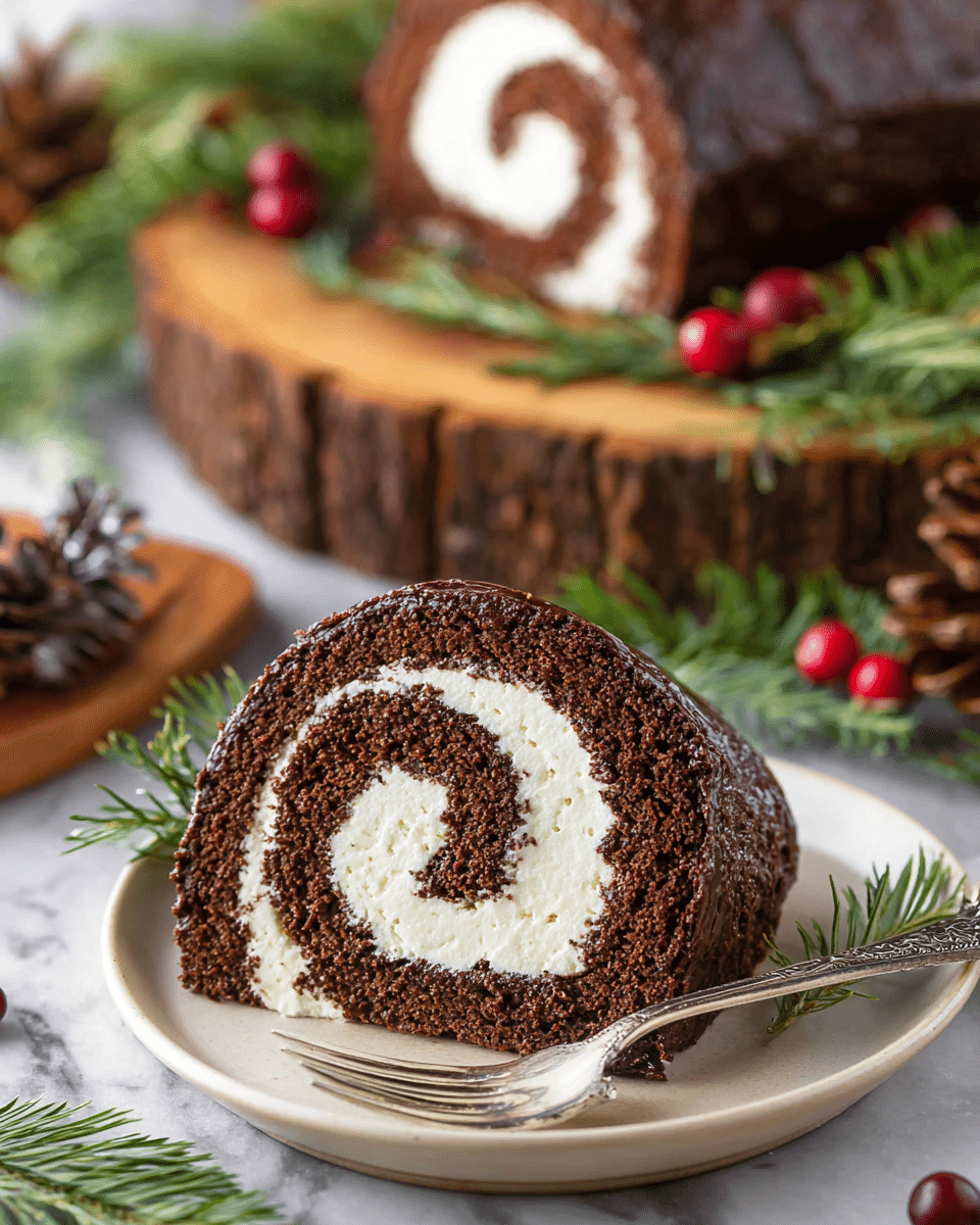A close-up of a single slice of chocolate Swiss roll cake with dark brown outer cake layer tightly wrapped around a thick, smooth white cream swirl filling, displayed on a round white plate with a silver fork to the side. The cake slice rests on a flat surface with some red cranberries and green rosemary sprigs nearby, while the background shows a rustic wooden cake stand holding the full dessert roll, decorated with green pine leaves, red berries, and small pinecones. The setting has a cozy, natural feel with vibrant festive colors against a white marbled texture. photo taken with an iphone --ar 4:5 --v 7