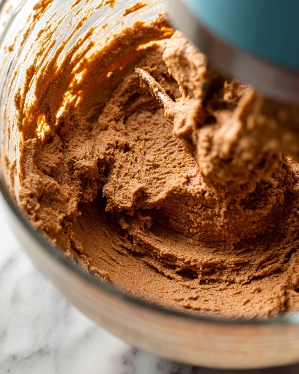A close-up view of a thick, brown dough mixture with a slightly rough texture inside a clear mixing bowl resting on a white marbled surface. The dough sticks to the sides and bottom of the bowl, with visible ridges and small air pockets, suggesting it has been recently mixed. In the foreground, an out-of-focus electric mixer attachment covered in the same brown dough is just above the bowl. photo taken with an iphone --ar 4:5 --v 7