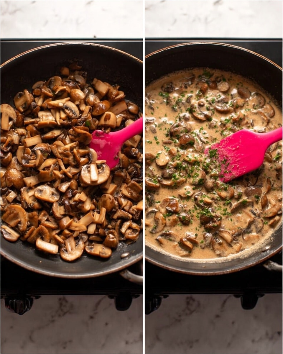 The image shows two side-by-side photos of a black pan on a black stovetop. In the left photo, the pan is filled with many small pieces of brown and white mushrooms with a pink spatula stirring them. The mushrooms have different shades of light and dark brown, creating a textured look. In the right photo, the mushrooms are mixed with a creamy sauce that has a slightly beige color, and some green herbs are sprinkled on top. The pink spatula is still in the pan, stirring the creamy mushroom mixture, which looks smooth and thick. The background surface is a white marbled texture. Photo taken with an iphone --ar 4:5 --v 7
